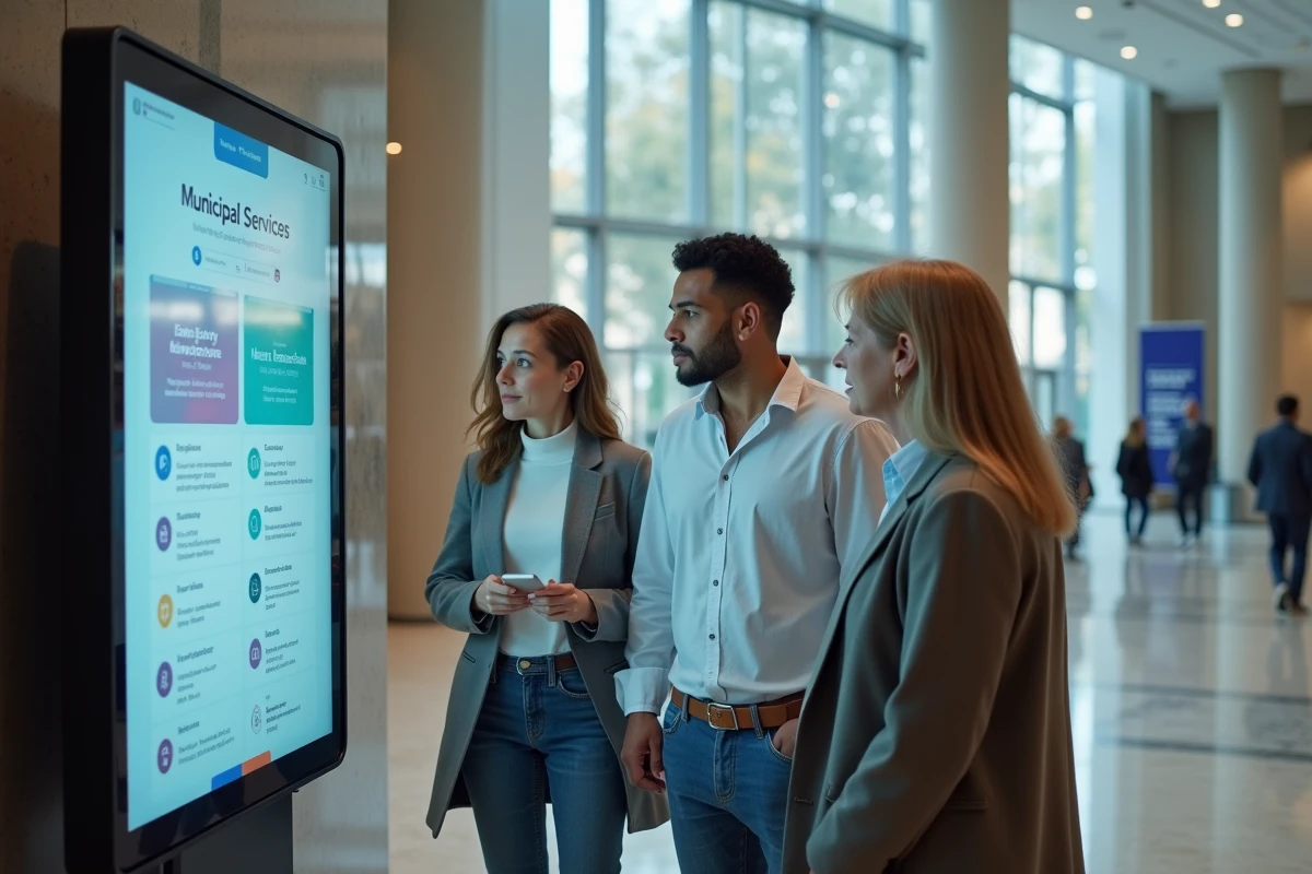 Groupe de citoyens utilisant un kiosque numérique interactif MyCitya dans le hall d'une mairie moderne