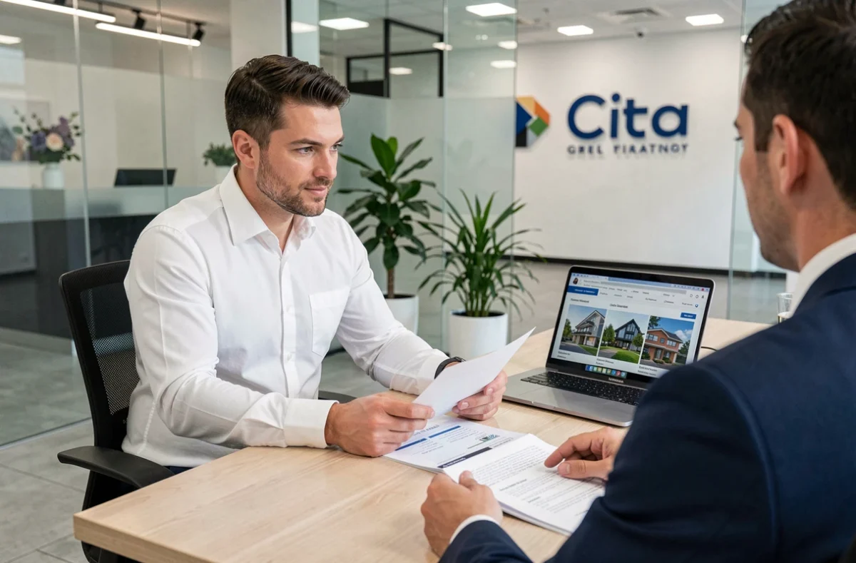 Conseiller immobilier de Citya Breizh Immo en réunion avec un client dans un bureau moderne d'agence locative