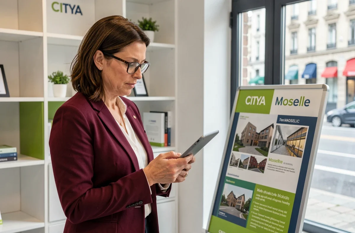 Responsable syndic de Citya Moselle consultant une tablette numérique dans une agence immobilière moderne
