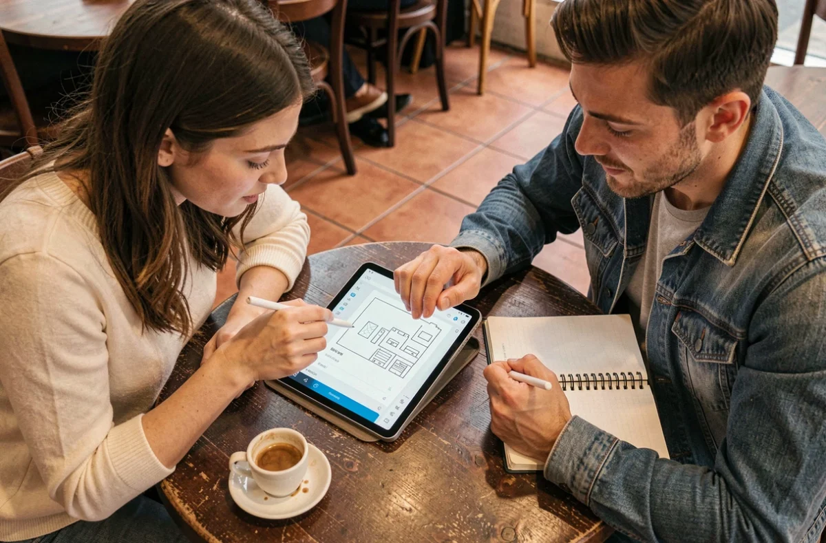 Deux collègues collaborant sur la création d'un espace en ligne personnel dans un café urbain