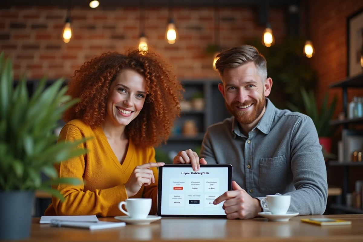Deux collègues comparant les tarifs d'un service de location sur une tablette dans un espace de coworking