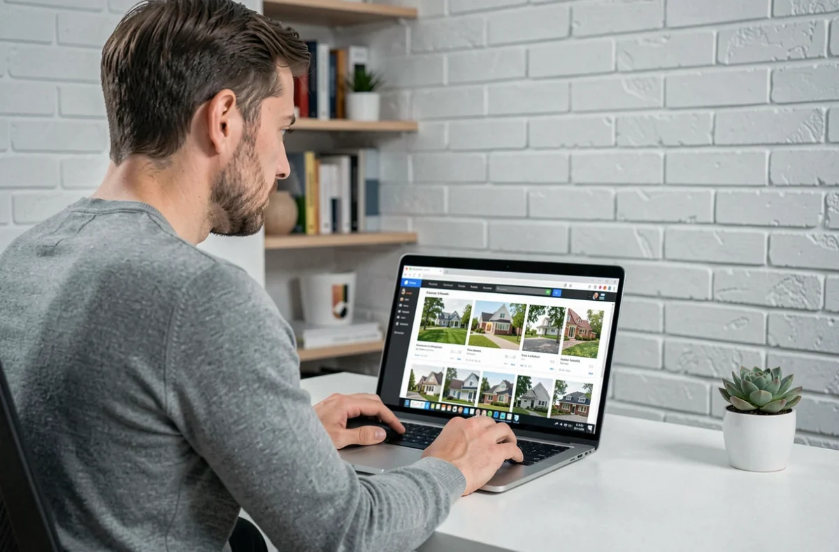 Homme comparant des offres immobilières en ligne via une agence digitale depuis son bureau à domicile