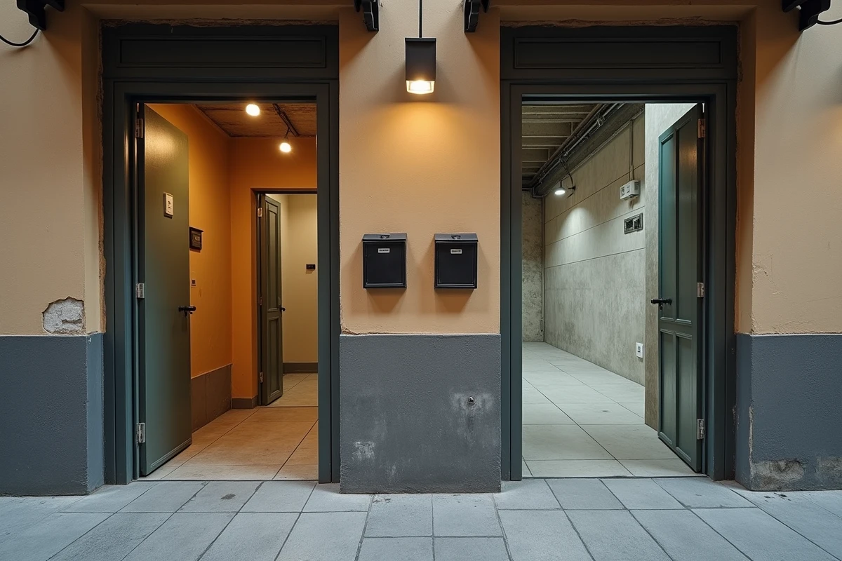 Couloir d'immeuble urbain montrant deux portes ouvertes révélant côte à côte un appartement traditionnel cloisonné et un loft en espace ouvert, illustrant leurs différences architecturales