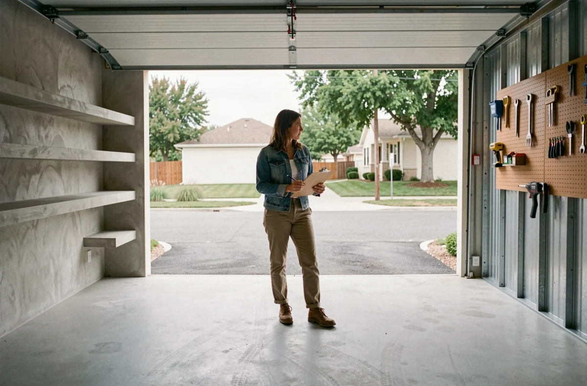 Femme comparant l'intérieur d'un garage sur mesure et d'un garage en kit côte à côte, analyse du prix au m2 et de la rentabilité des deux solutions