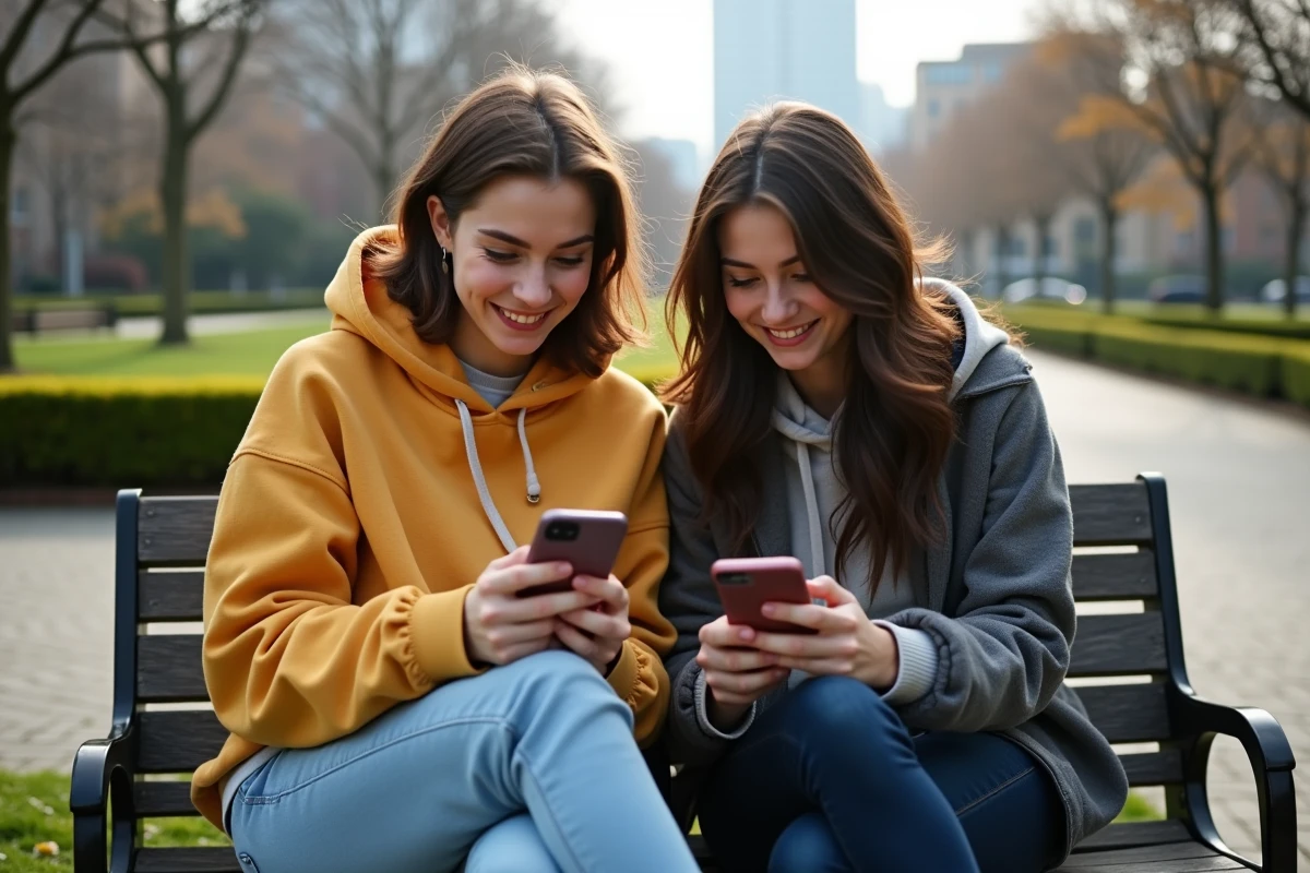 Deux amis comparant des offres de location sur leurs smartphones dans un parc urbain
