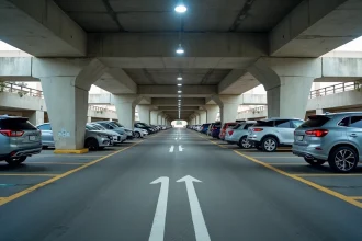 Vue grand angle d'un parking extérieur moderne à plusieurs niveaux avec colonnes en béton et marquages au sol