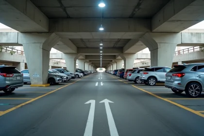 Vue grand angle d'un parking extérieur moderne à plusieurs niveaux avec colonnes en béton et marquages au sol
