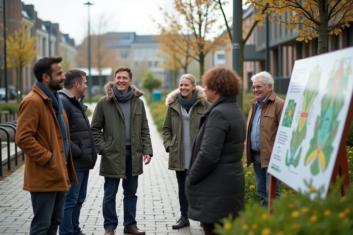Réunion de concertation citoyenne dans un écoquartier finalisé avec infrastructures vertes et panneaux d'information
