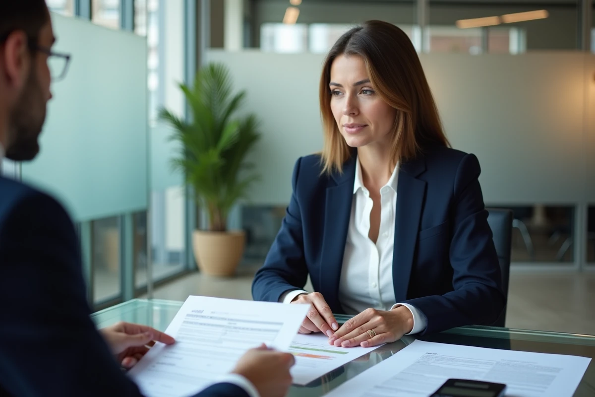 Une femme consulte un conseiller fiscal pour remplir sa déclaration Censi-Bouvard dans un cabinet professionnel