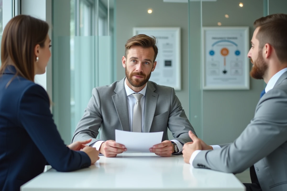 Conseiller en assurance expliquant les obligations d'assurance incendie à un couple