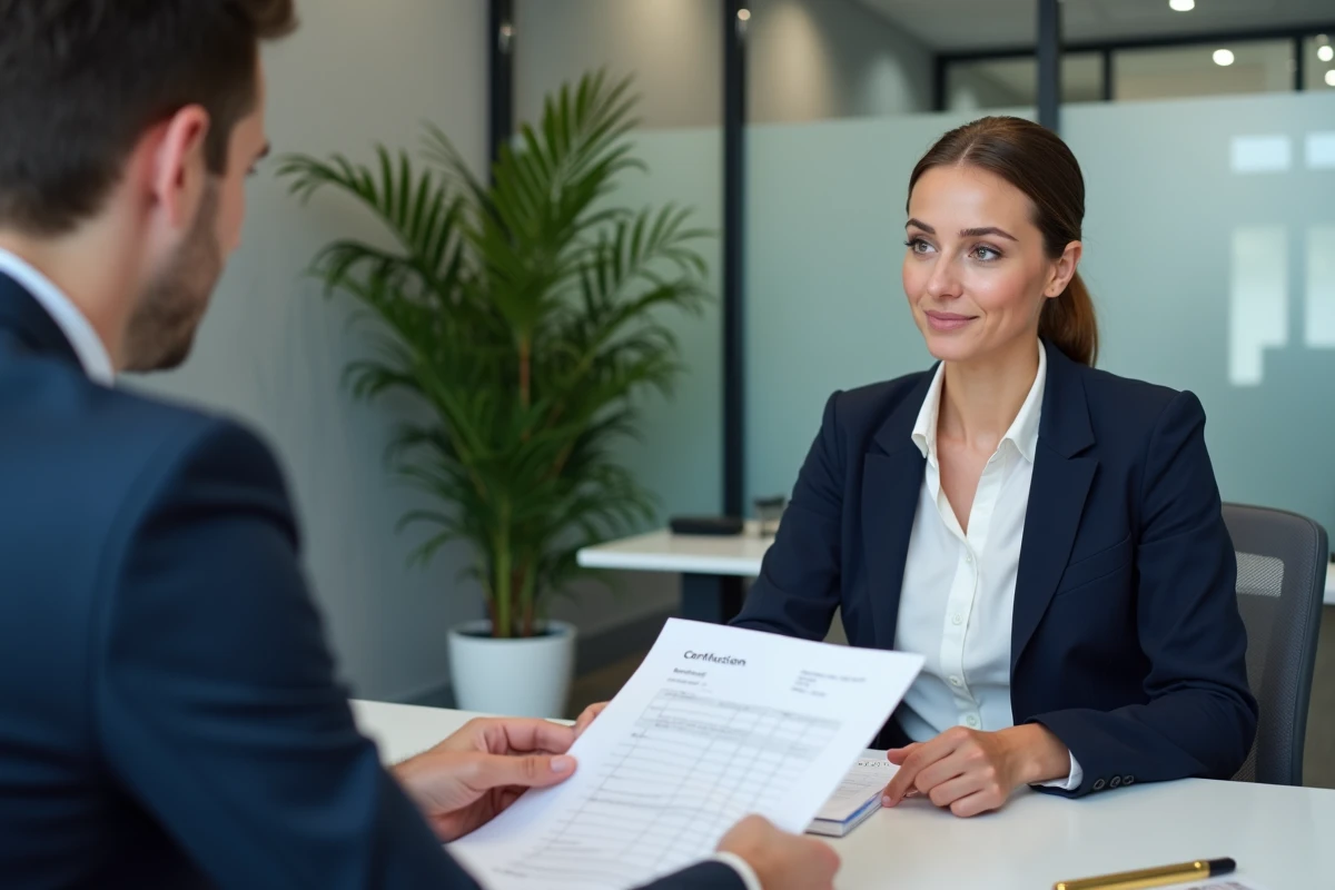 Femme discutant du calendrier de remboursement d'un prêt VEFA avec un conseiller bancaire dans un bureau