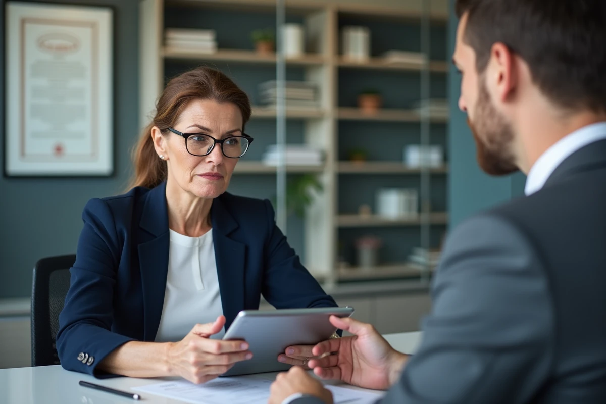 Femme consultant un conseiller bancaire pour calculer les mensualités d'un crédit immobilier de 80 000 euros