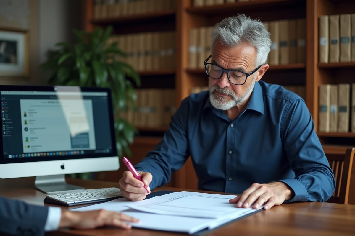 Conseiller fiscal expliquant les conditions d'exonération de taxe foncière dans un bureau professionnel