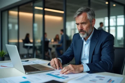 Conseiller financier analysant des documents de SCPI et des graphiques de risques d'investissement immobilier dans un bureau moderne