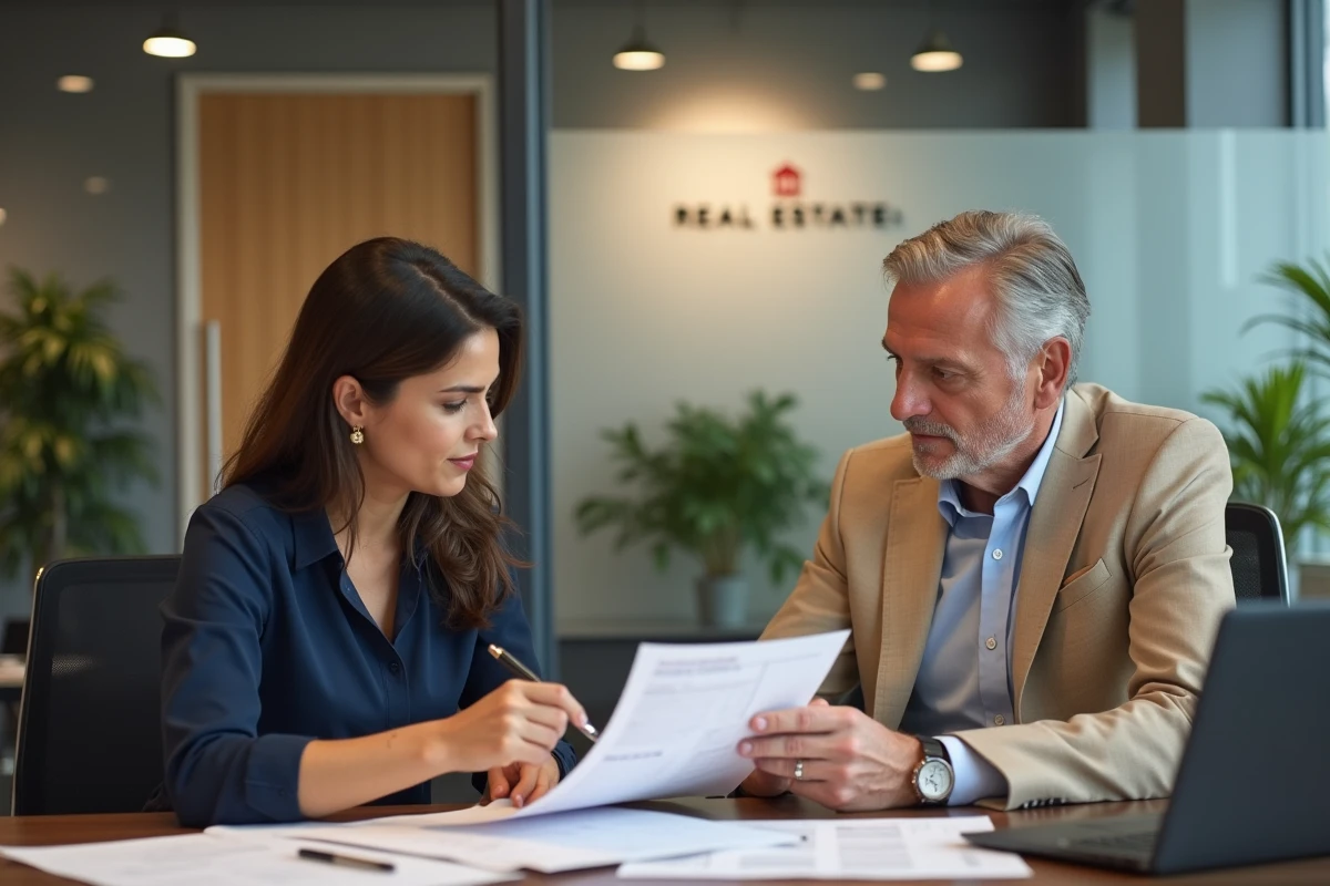 Conseiller immobilier expliquant la loi sur l'assurance MRH obligatoire à un copropriétaire dans une agence