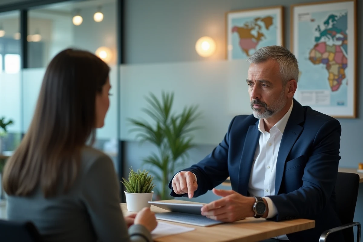 Conseiller immobilier présentant une évaluation de maison sur tablette à un vendeur primo-accédant en agence