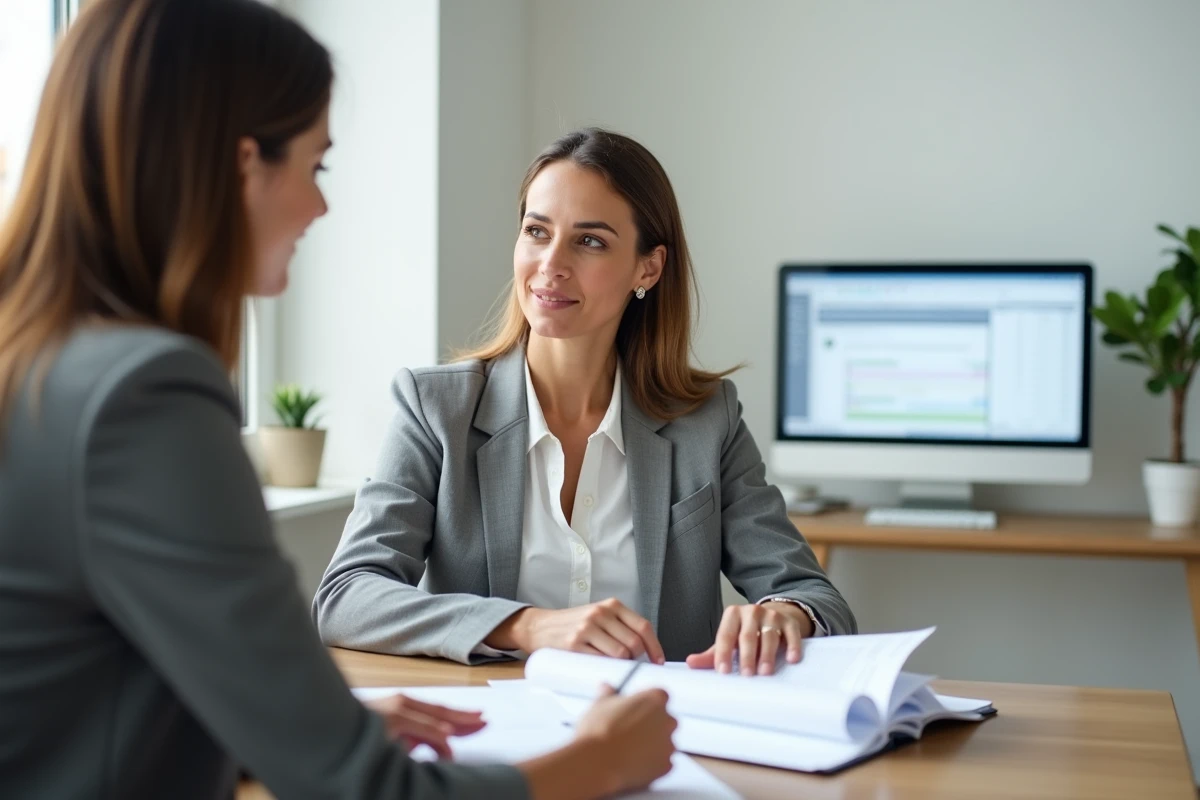 Conseillère bancaire présentant des options de financement pour un prêt travaux ravalement de façade à un client