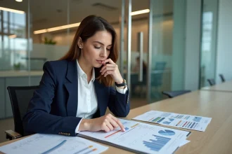 Conseillère bancaire expliquant un taux fixe modulable à une cliente avec des documents hypothécaires sur un bureau moderne