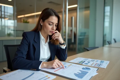 Conseillère bancaire expliquant un taux fixe modulable à une cliente avec des documents hypothécaires sur un bureau moderne