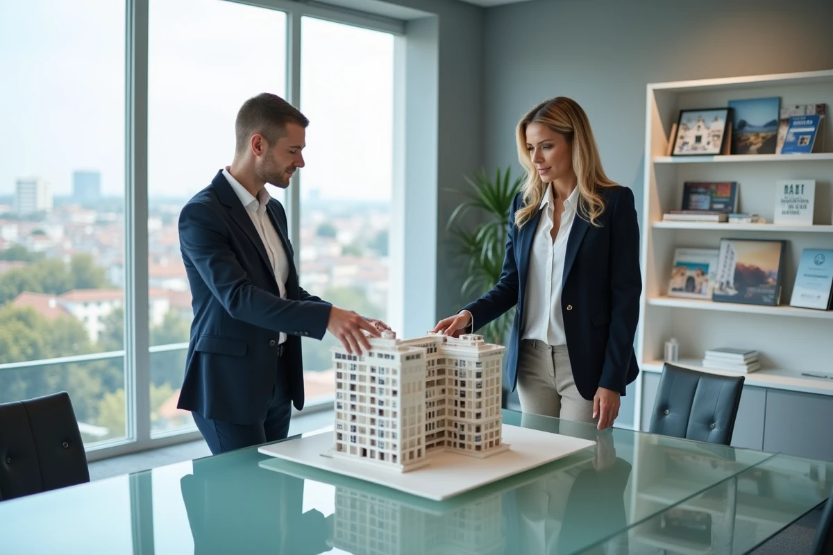 Conseillère immobilière présentant un programme neuf éligible au dispositif Pinel dans une agence moderne