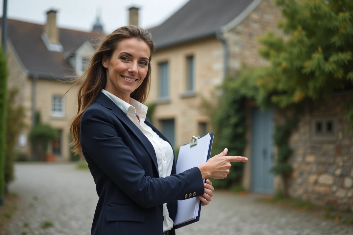 Une conseillère immobilière devant une maison à vendre expliquant les abattements applicables sur la plus-value lors d'une cession immobilière