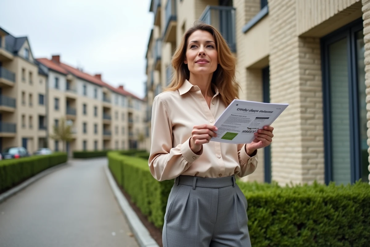 Femme conseillère en investissement immobilier devant un immeuble neuf tenant un document sur la loi de Robien et les avantages fiscaux