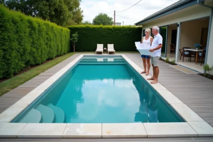 Couple examinant les plans de construction de leur piscine enterrée rectangulaire dans un jardin pavillonnaire