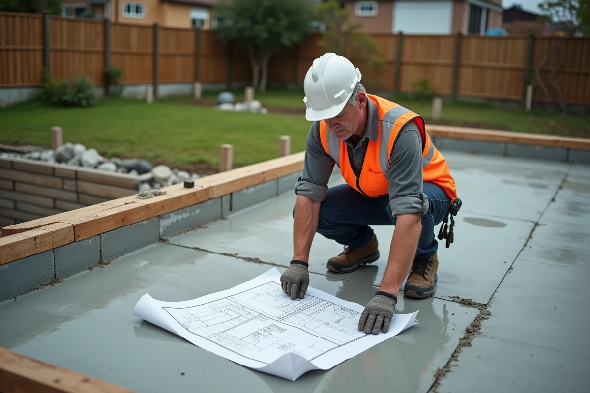 Ouvrier inspectant les plans de construction d'une terrasse en cours de réalisation sur un toit de garage en béton