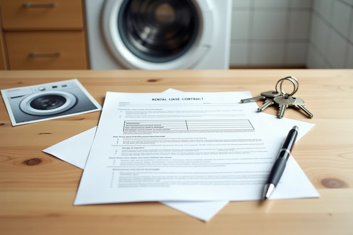 Contrat de location de logement meublé avec clés et documentation sur machine à laver posés sur une table en bois