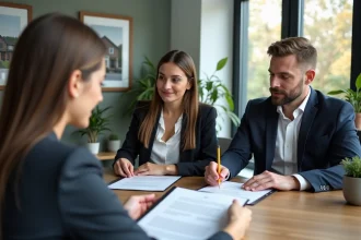 Couple signant un contrat de location avec option d'achat dans une agence immobilière