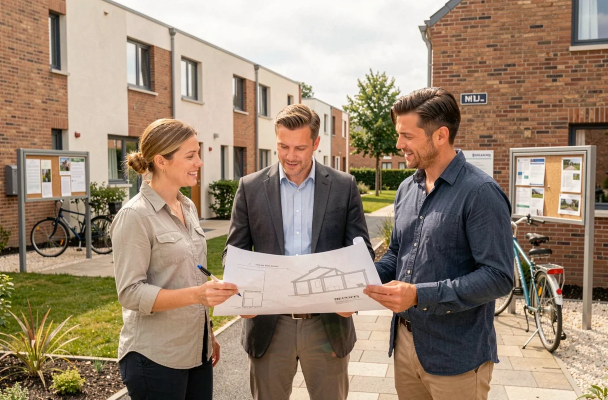 Équipe de Coopération Habitation Bretagne devant une résidence de logements coopératifs avec des espaces verts communs
