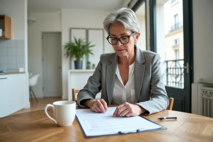 Copropriétaire vérifiant son contrat d'assurance MRH obligatoire dans son appartement parisien