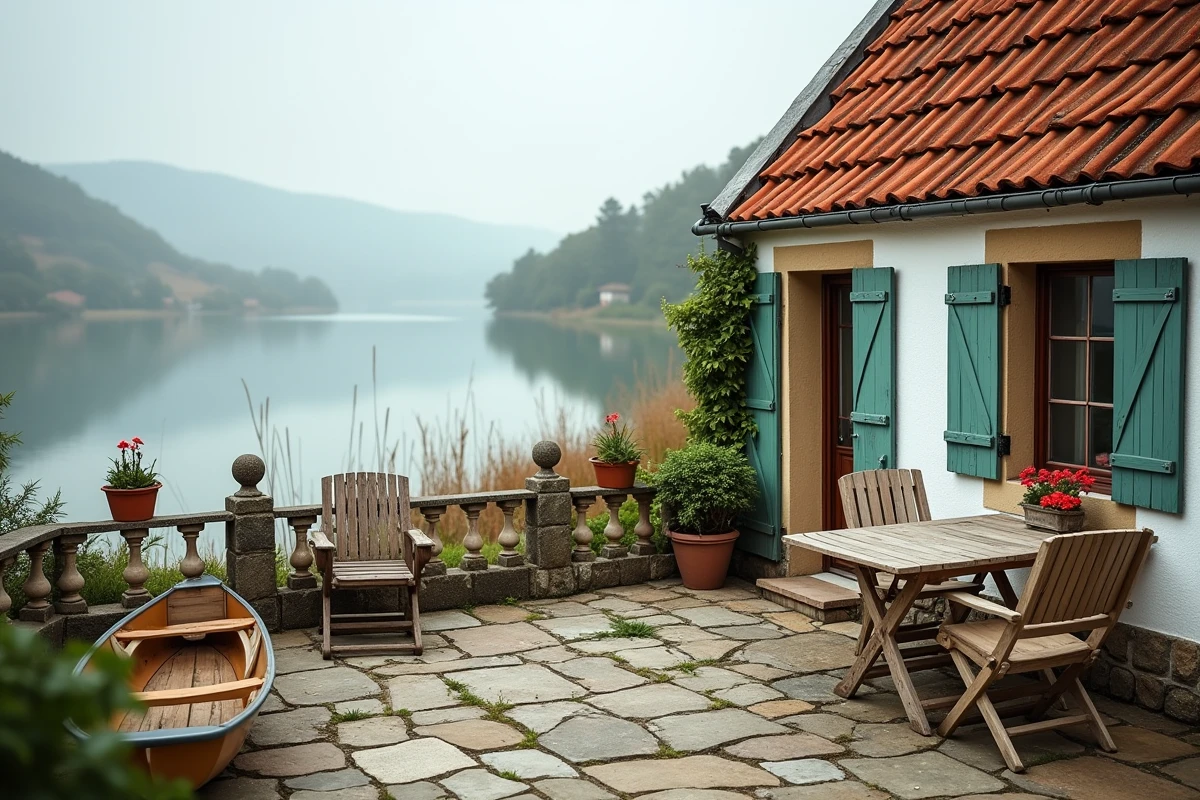 Petit cottage abordable avec terrasse privée et vue sur un lac paisible dans un village rural français