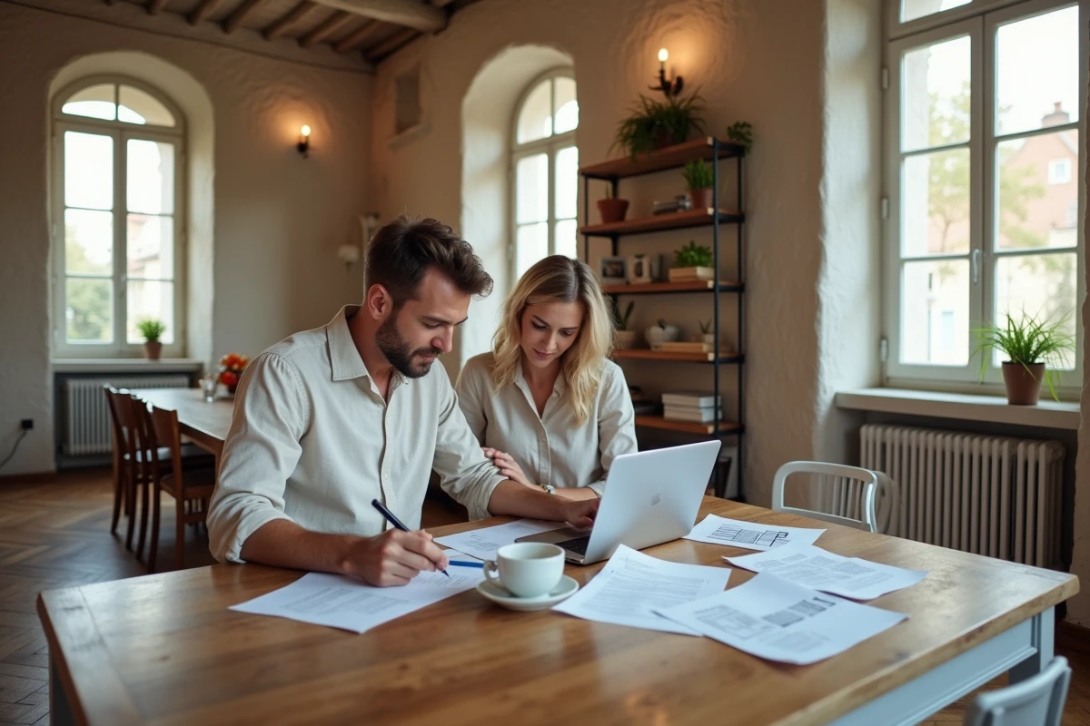 Couple étudiant un budget immobilier sur des documents dans un appartement rénové à Lyon