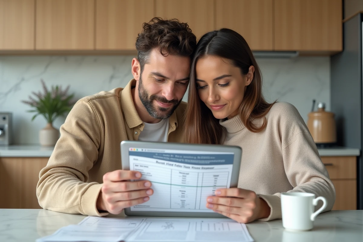 Couple calculant la rentabilité locative d'un investissement immobilier à la maison