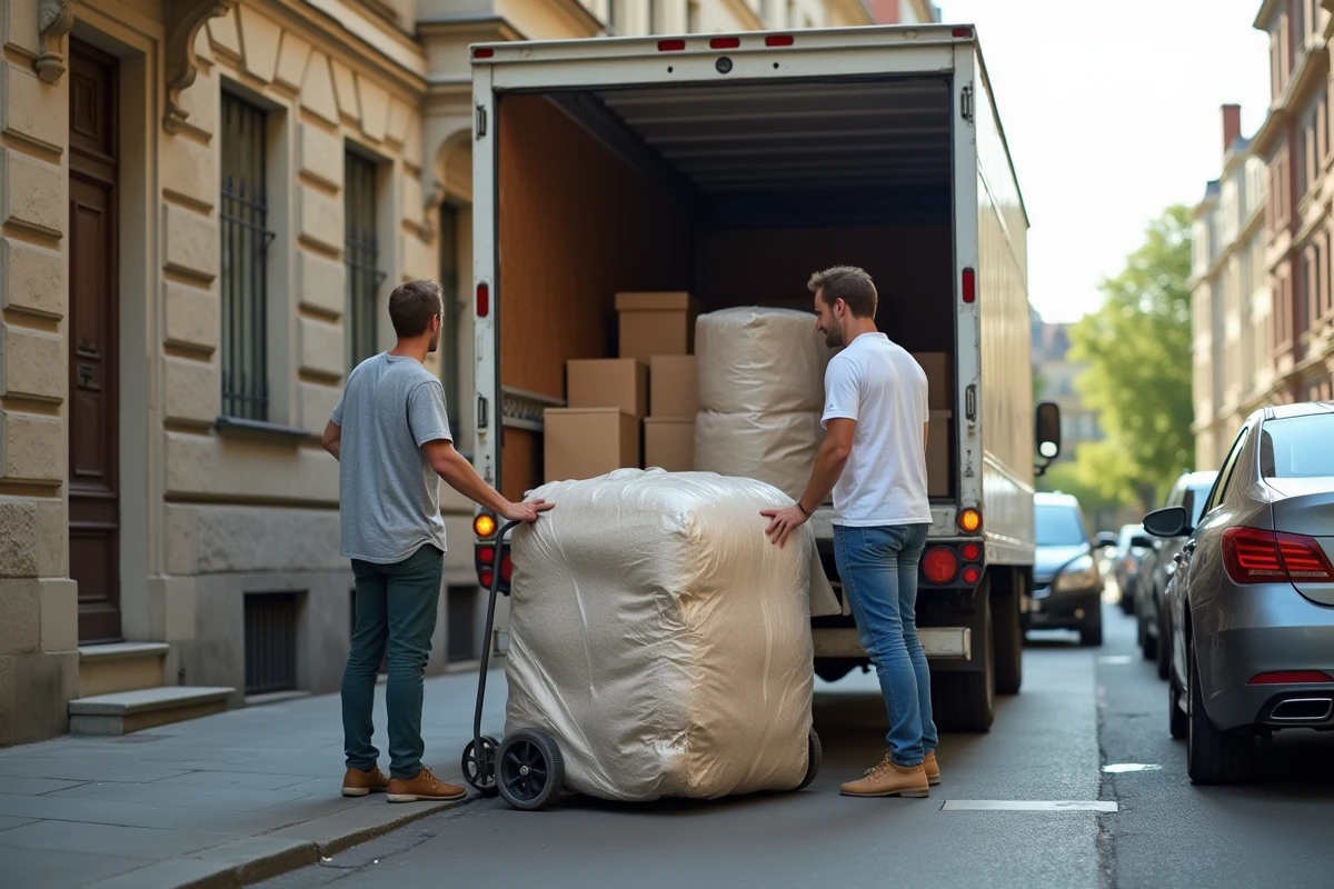 Couple chargeant des meubles dans un camion de déménagement devant un immeuble en journée de semaine
