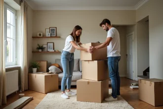 Couple en train d'empiler des cartons de déménagement dans un appartement vide lors d'un déménagement économique