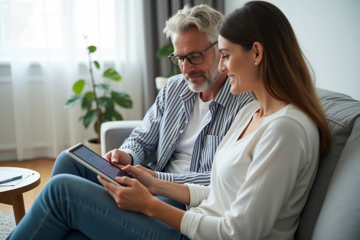 Couple consultant l'historique de paiements de loyer et charges sur MyFoncia via une tablette dans leur appartement