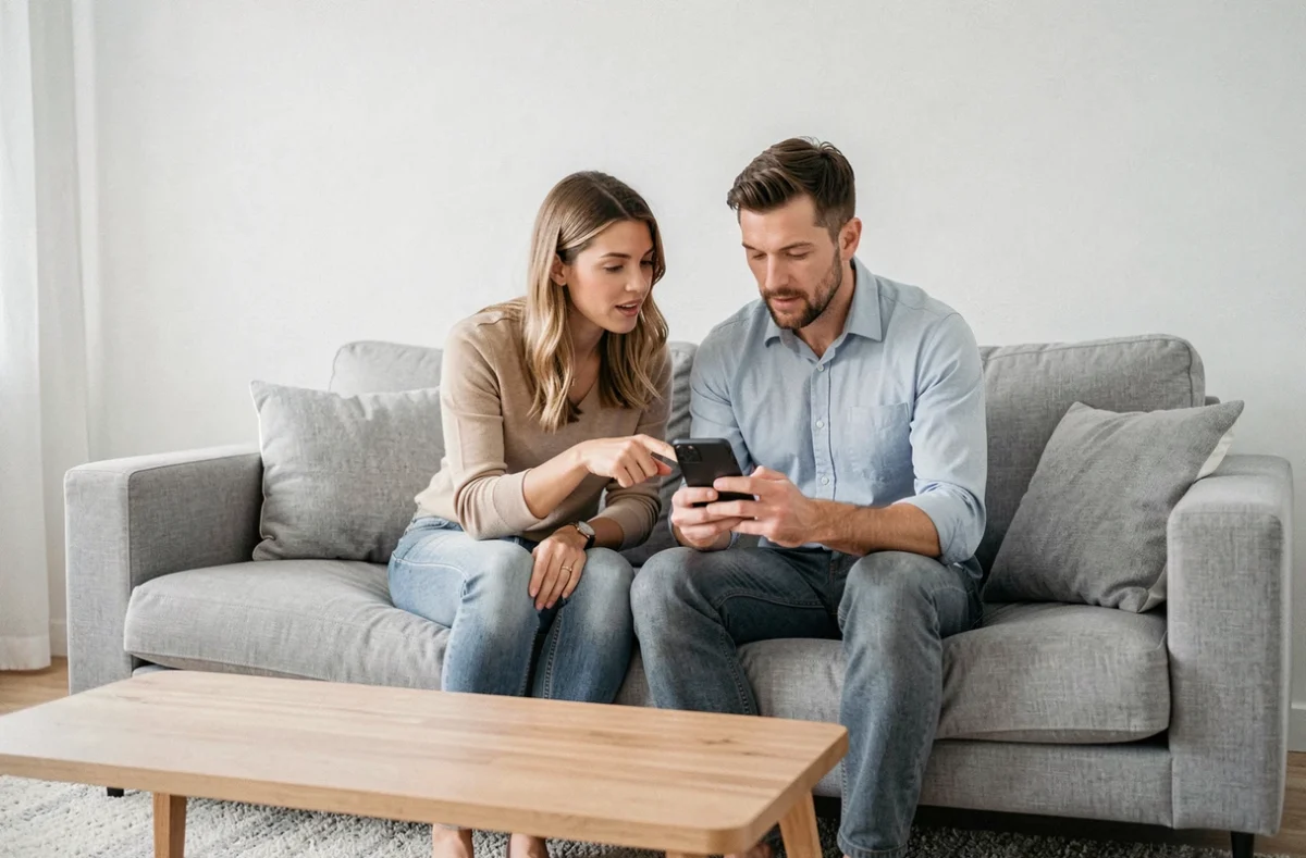 Couple consultant l'espace client MyFoncia sur smartphone dans leur salon