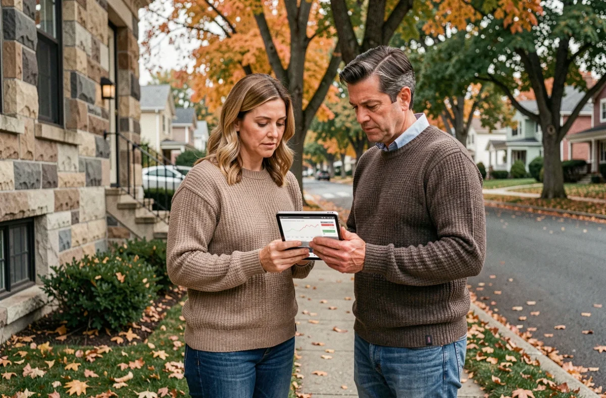 Couple consultant un site d'actualité immobilière devant une maison pour anticiper les baisses de prix