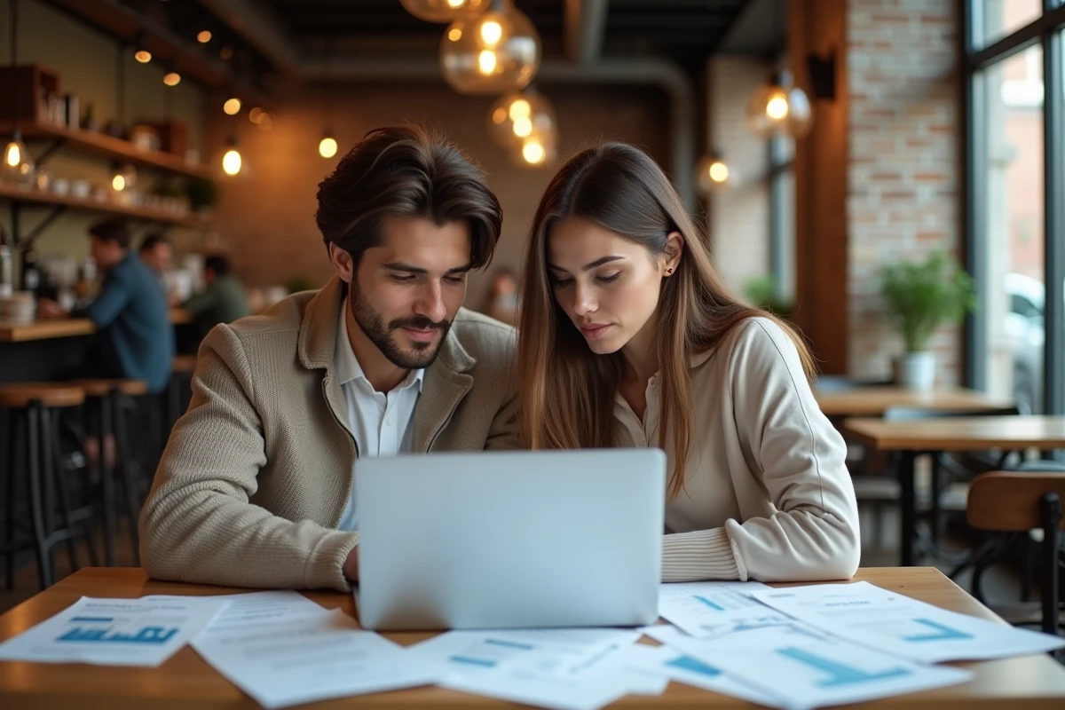 Couple consultant des documents et un ordinateur portable pour récupérer une caution bancaire dans un café