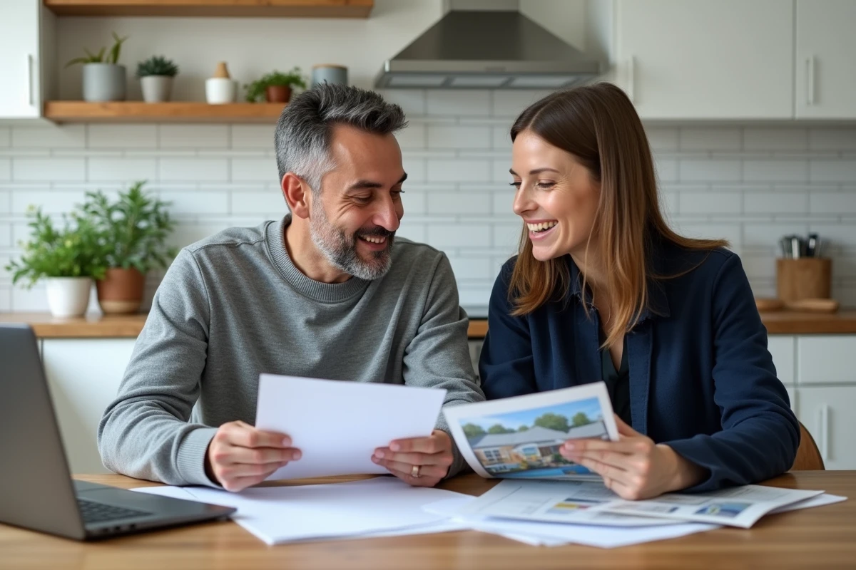 Couple discutant de documents immobiliers dans une cuisine moderne, évaluant combien de temps rester dans leur maison