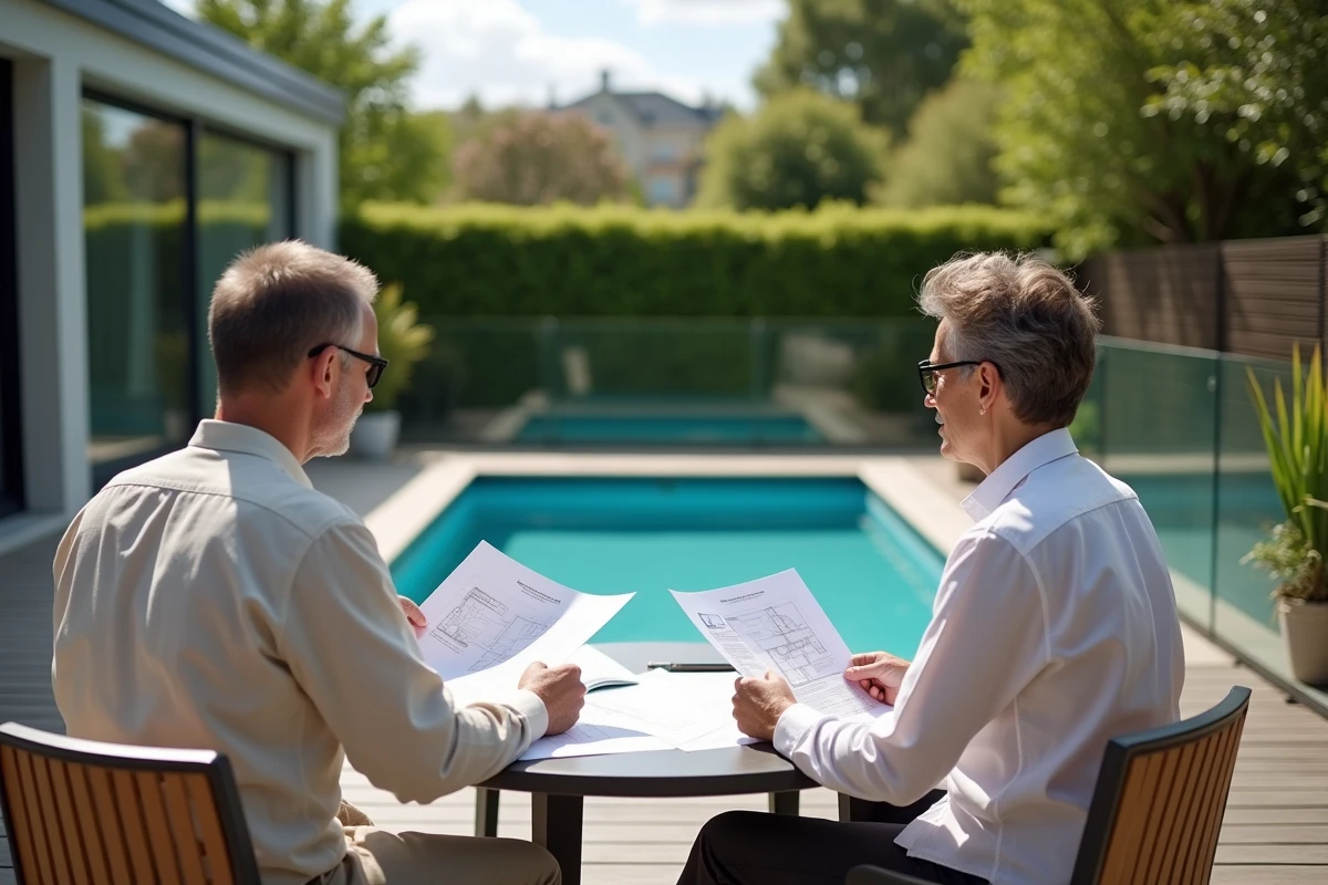 Couple consultant des documents fiscaux et des plans autour d'une table de jardin avec une piscine enterrée visible en arrière-plan