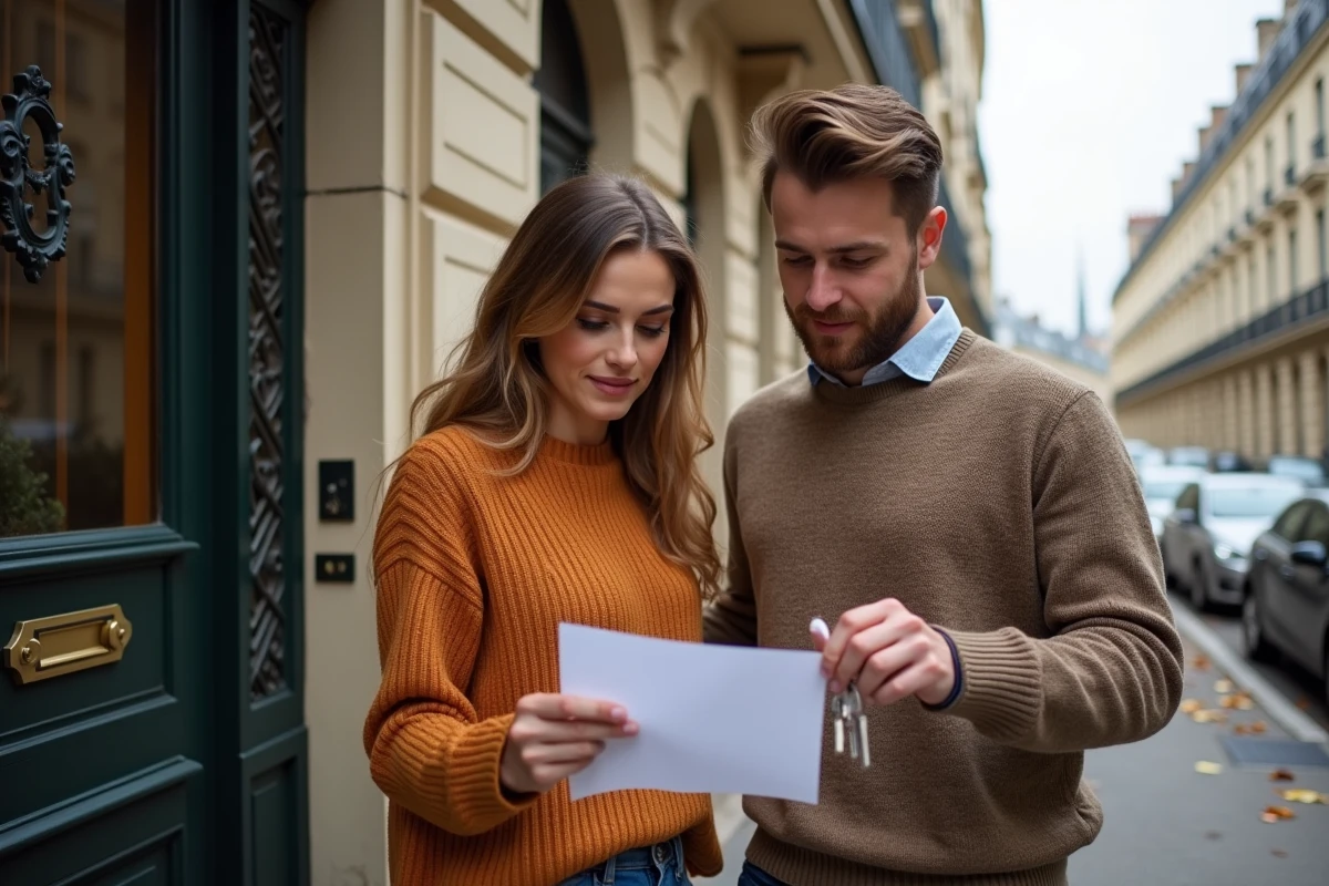 Un couple examine des documents hypothécaires devant un immeuble parisien en pierre de taille en automne