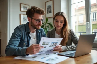 Couple examinant des documents immobiliers pour bénéficier du dispositif Pinel dans un appartement moderne