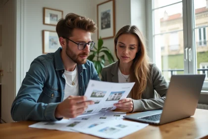 Couple examinant des documents immobiliers pour bénéficier du dispositif Pinel dans un appartement moderne