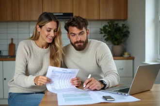 Couple examinant un tableau d'amortissement pour un prêt immobilier de 80 000 euros sur 25 ans à la table de cuisine