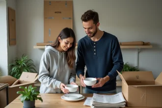 Jeune couple en train d'emballer des cartons lors d'un déménagement dans un appartement