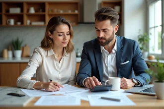 Couple étudiant un dossier de prêt immobilier de 375 000 euros avec calculatrice et documents financiers sur une table en bois