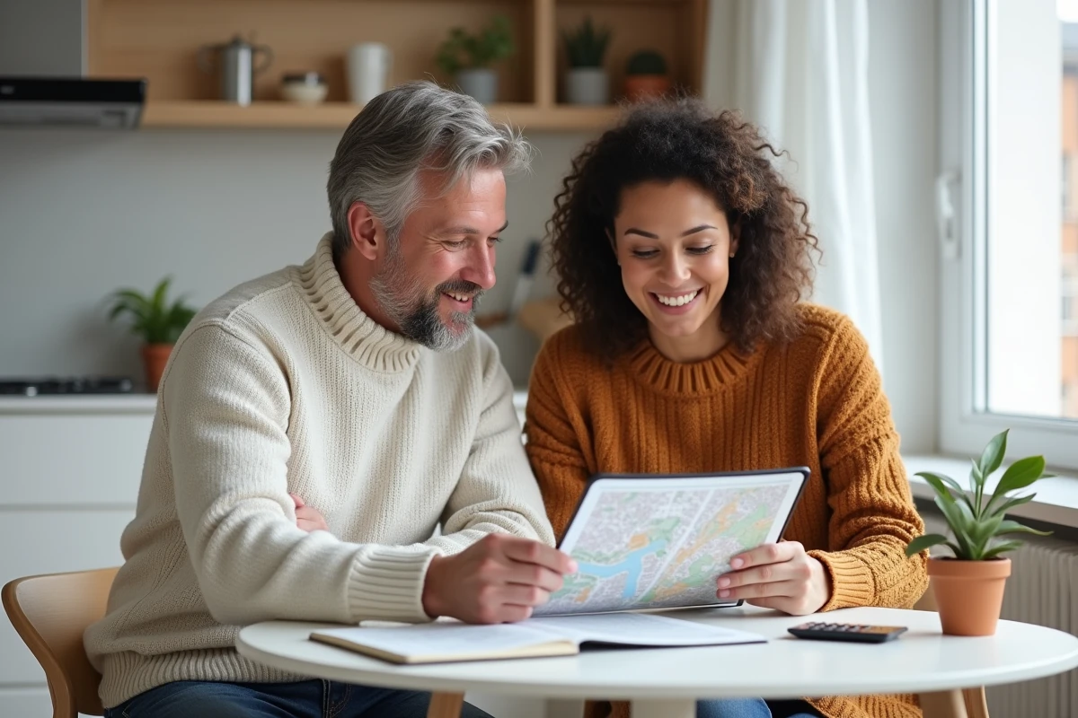 Couple étudiant des opportunités d'investissement immobilier sur une tablette et une brochure autour d'une table dans un appartement moderne